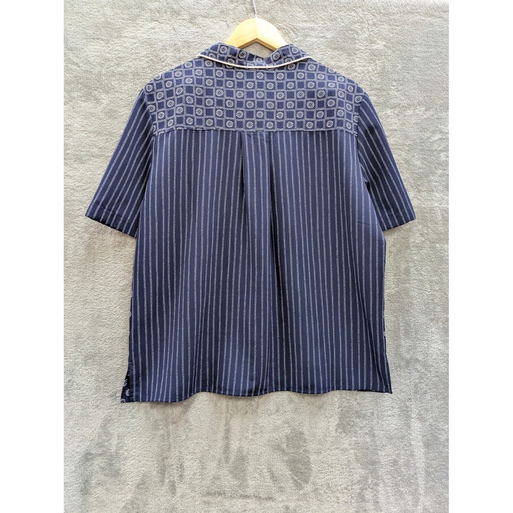 Vintage Aesthetic Button Up Blouse Womens PM Navy Blue Mixed Print Short Sleeve - Picture 6 of 7